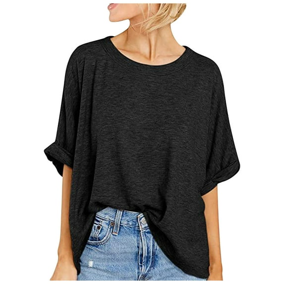 Mittory Womens Tops Dressy Casual Round Neck Solid Color Short Sleeve T Shirt Oversized Drop Shoulder Blouses