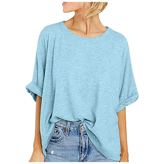 Mittory Womens Tops Dressy Casual Round Neck Solid Color Short Sleeve T Shirt Oversized Drop Shoulder Blouses