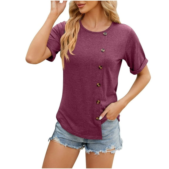 Mittory Womens Tops Dressy Casual Short Sleeve Crew Neck T Shirts Button Side Split Trendy Tunic Blouses Summer Outfits
