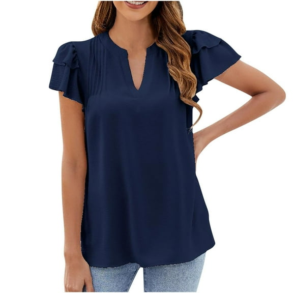 Mittory Womens Tops Dressy Casual Summer Flutter Sleeve T-Shirts Trendy Ruffle Short Sleeve Loose V-Neck Tunic Tops