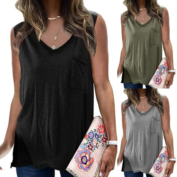 Mittory Womens Tops Loose Casual Summer Tshirts Solid Pocket Short Sleeve/Sleeveless Basic Tee Outfits