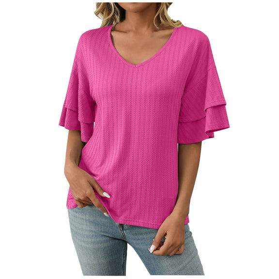 Mittory Womens Tops Ruffle Short Sleeve Crewneck Shirts Solid Casual Loose Babydoll Blouses