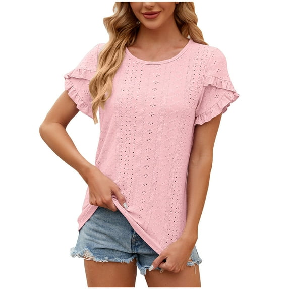 Mittory Womens Tops Summer Casual Dressy Crew Neck Loose Ruffle Short Sleeve Blouses Work Office Shirts