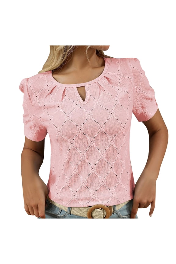 Womens Tops Summer Cotton Knit Short Sleeve Shirts Embroidered Eyelet Business Work Tunic Trendy Blouses