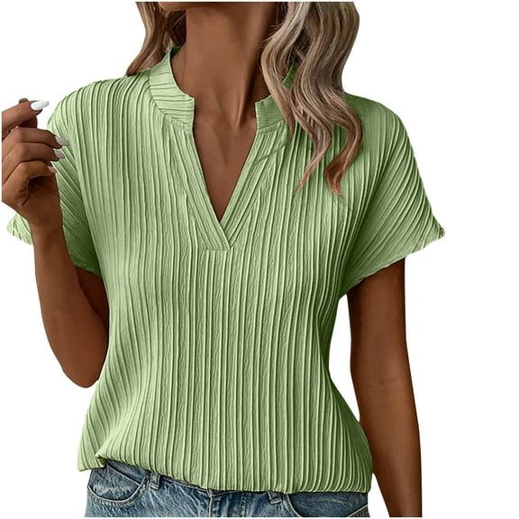 Mittory Womens Trendy Tops Short Sleeve V-Neck Textured T Shirts Button Business Dressy Casual Tee Blouses