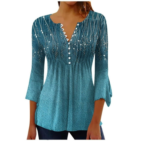 Mittory Womens Tunic Tops Floral Print 3/4 Sleeve Buttons Pleated Front Blouse Summer V Neck Loose Dressy Shirts