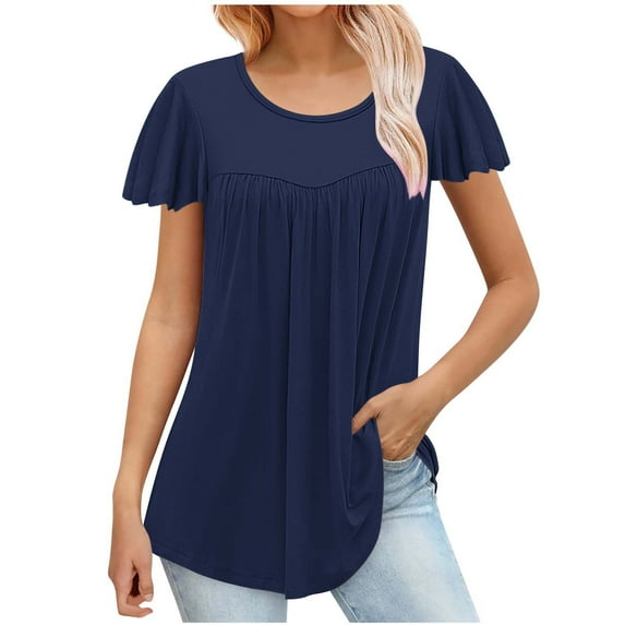 Mittory Womens Tunic Tops Hide Belly Ruffle Short Sleeve Round Neck Shirts Summer Flowy Dressy