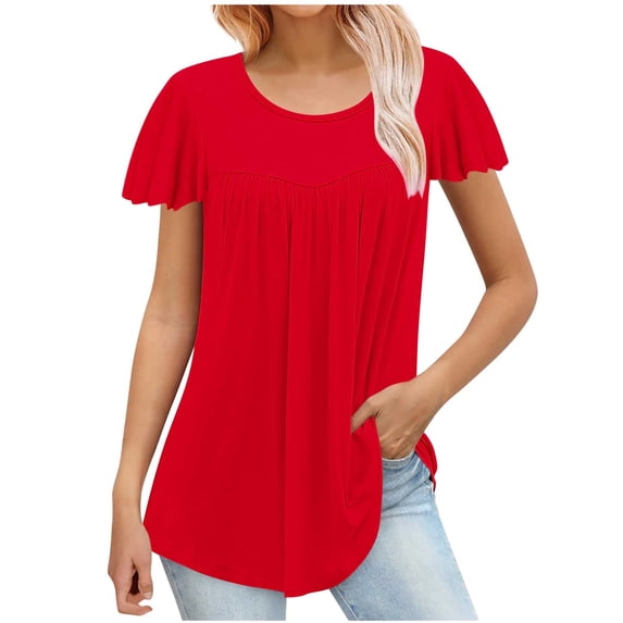 Mittory Womens Tunic Tops Hide Belly Ruffle Short Sleeve Round Neck Shirts Summer Flowy Dressy