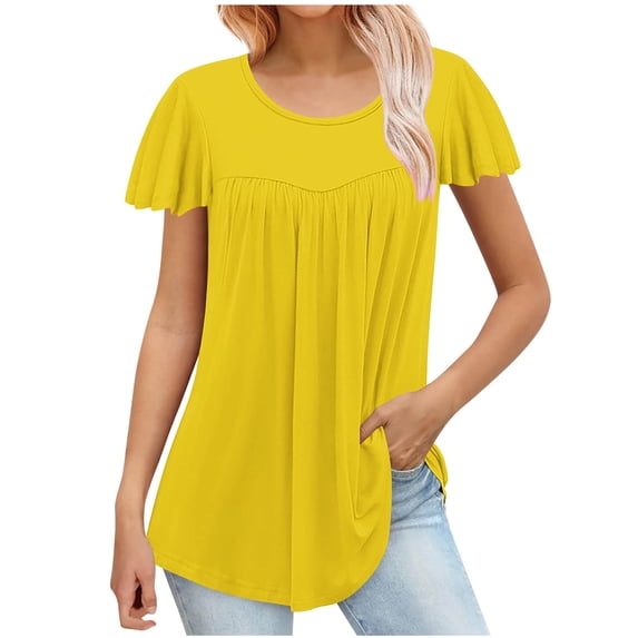 Mittory Womens Tunic Tops Hide Belly Ruffle Short Sleeve Round Neck Shirts Summer Flowy Dressy