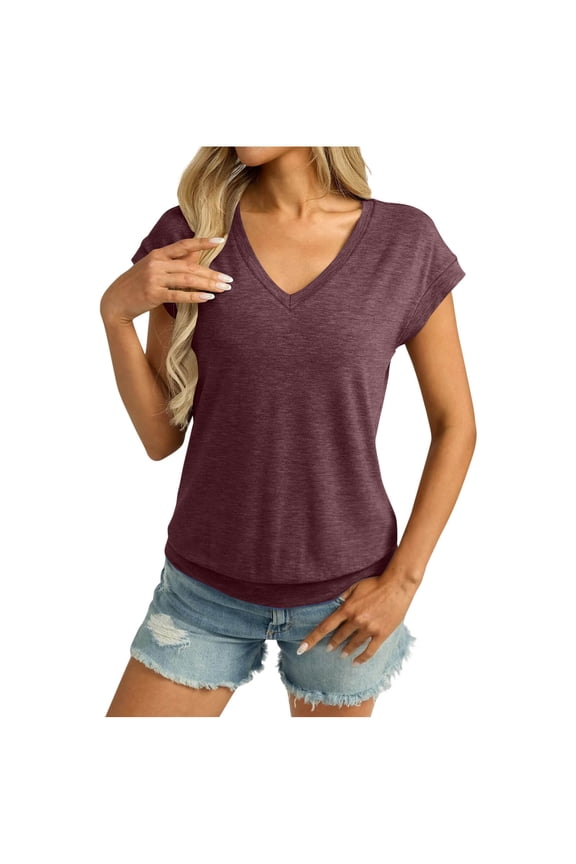 Womens V Neck Cap Sleeve T Shirts Banded Bottom Top Loose Fit Short Sleeves Tee Casual Summer Basic Tops