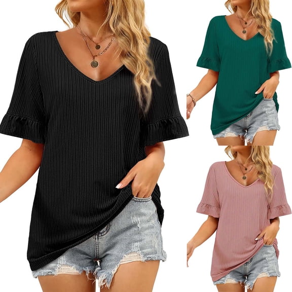 Mittory Womens V Neck Dressy Casual Ruffle Sleeve Loose Fit Business Work Blouses Summer Trendy Tops