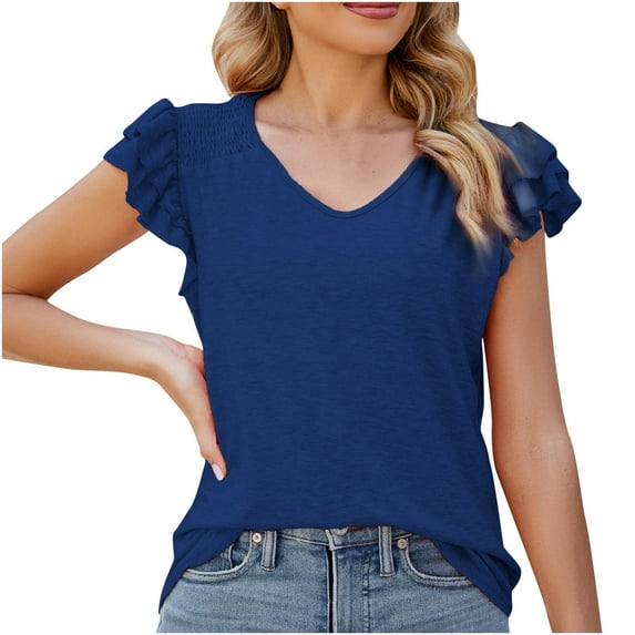 Mittory Womens V Neck Ruffle Short Sleeve Tops Casual Ribbed Cute T Shirts Loose Fit Summer Shirts Blouses