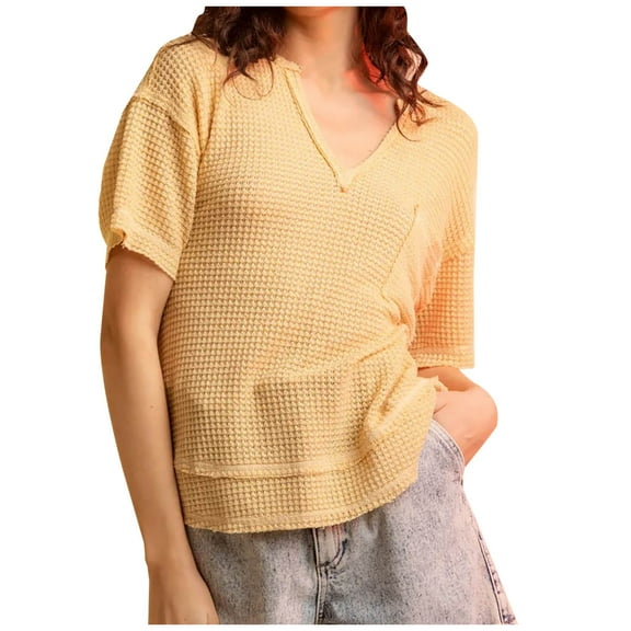 Mittory Womens Waffle Knit Tops Spring Summer V Neck Shirts Casual Trendy Women's Blouses Basic Tee