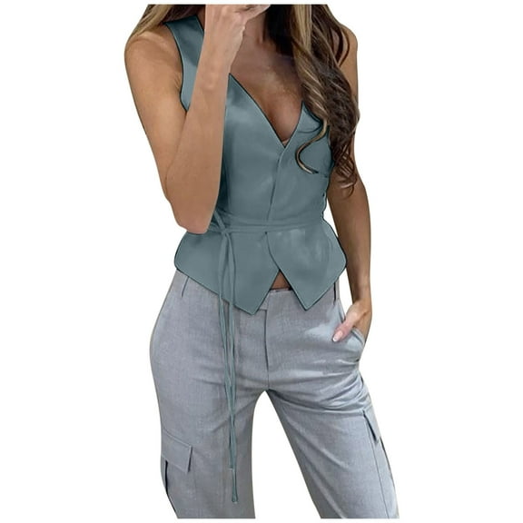 Mittory Womens Waistcoat Vest Sleeveless Blazers Dressy Casual V Neck Button Up Work Office Suit Vests with Belt