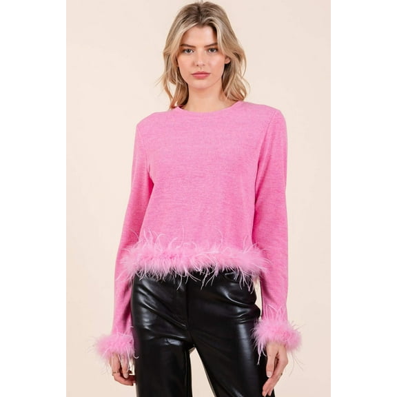 Posh Pink Feather Long Sleeve Crop Knit Top