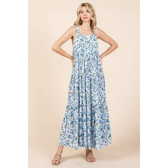 Mittoshop Flower Print Tiered Sleeveless Empire Maxi Dress