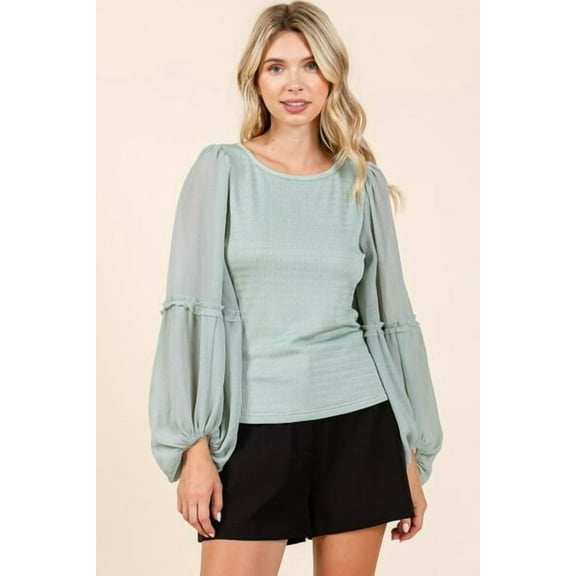 Mittoshop Mixed Media Textured Knit Chiffon Long Sleeve Top