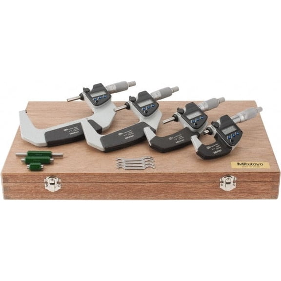 Mitutoyo 0 to 4" Range, 0.001mm Resolution, IP65, 4 Piece Electronic Outside Micrometer Sets 0.001, 0.002mm Accuracy, Ratchet Stop Thimble, Carbide Measuring Face