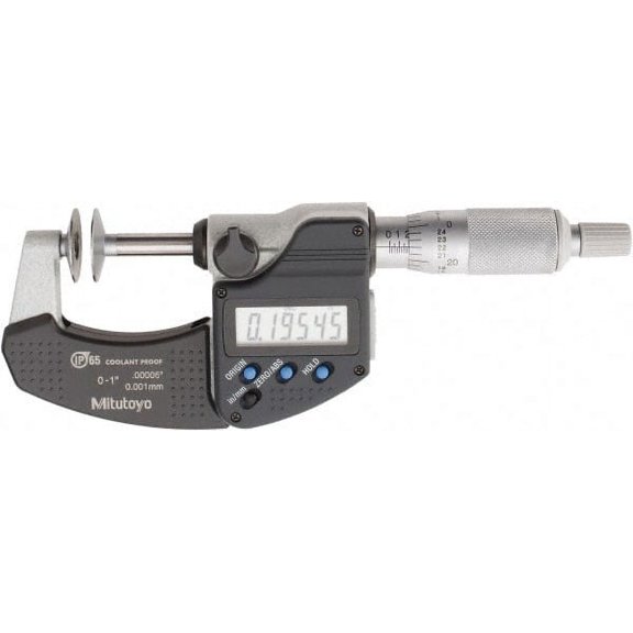 Mitutoyo 0 to 1 Inch, Ratchet Stop Thimble, IP65 Water Resistance, Electronic Disc Micrometer 0.0002" Accuracy, 20mm Disc, 0.00005" Resolution