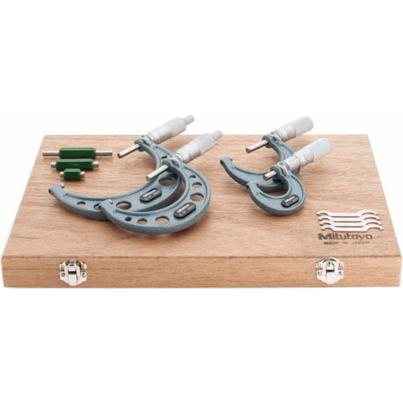 Mitutoyo 0 to 4" Range, 4 Piece Mechanical Outside Micrometer Set 0.0001" Graduation, 0.0001" Accuracy, Friction Thimble, Carbide Tipped Face