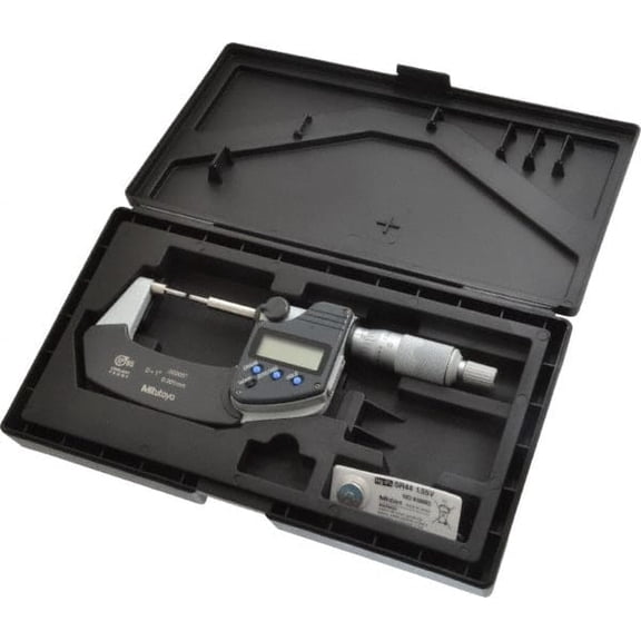 Mitutoyo 1 Inch, 1.2598" Throat Depth, Electronic Spline Micrometer Accurate Up to 0.0001 Inch, 1/4" Spindle Diameter, 0.18mm Head Diameter, Ratchet Stop Thimble, Data Output
