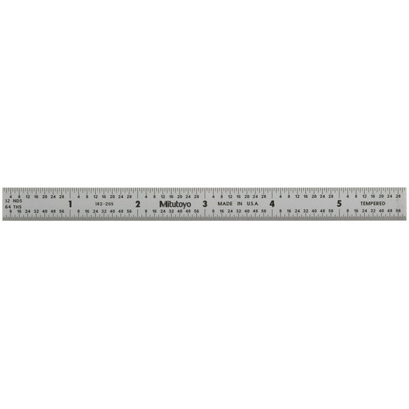 Mitutoyo 182-205, Steel Rule, 6" X 150mm, (1/32, 1/64", 1mm, 1/2mm), 1/64" Thick X 1/2" Wide, Satin Chrome Finish Tempered Stainless Steel