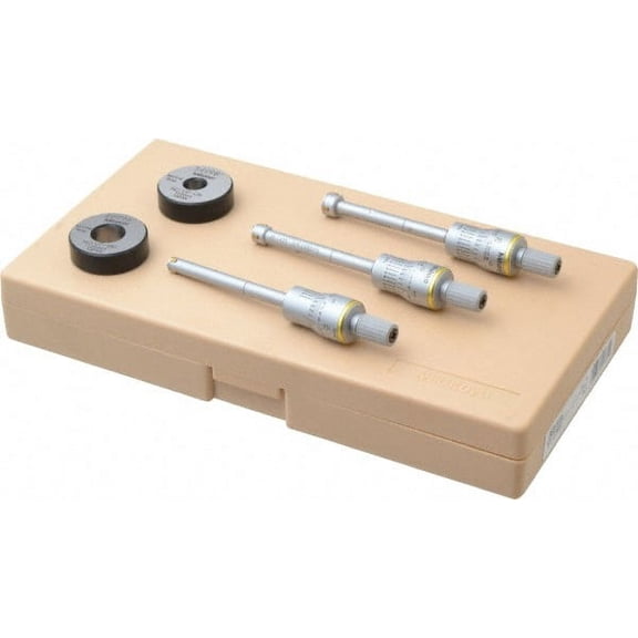 Mitutoyo 6 Piece, 0.275 to 1/2", Carbide, TiN Coated, Hole Mechanical Inside Micrometer Set 0.0001" Graduation, Ratchet Stop Thimble, Includes (2) Setting Rings, Extension & Fitted Plastic Case