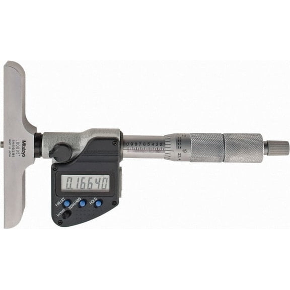 Mitutoyo 0 to 152.4mm Range, 4" Base Length, 6 Rods, Ratchet Stop Thimble, Electronic Depth Micrometer No Water Resistance Rating, 0.00005" Resolution, Accurate to 0.00012", 0.157" Rod Diam, SR44 Batt