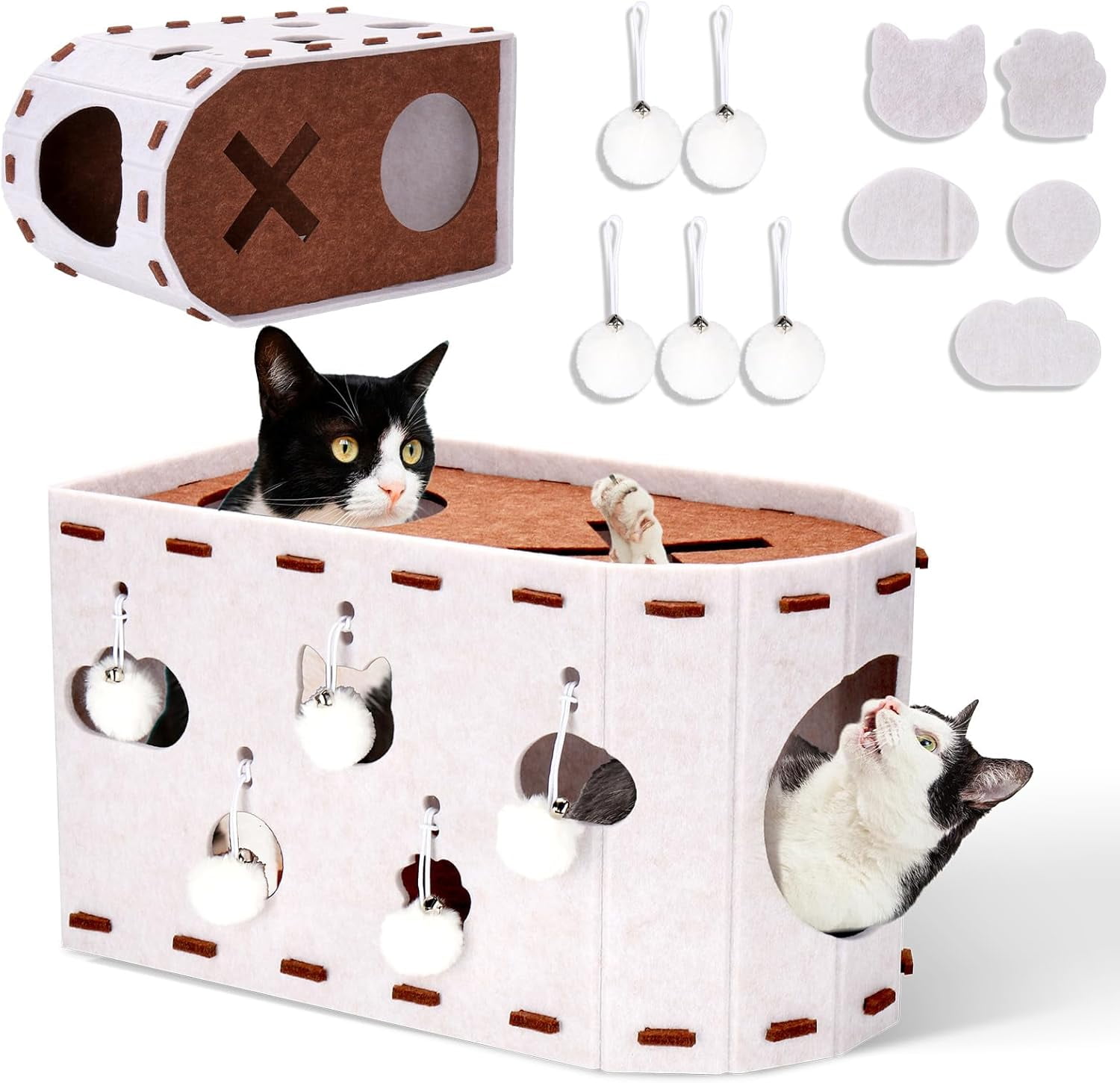 Cat House for Indoor Cats, Foldable Felt Bed Cave with Tunnel & Cat Ball Toy, Large Cat Bed Up for Play, Soft & Warm Cat Beds & Furniture for Indoor Kitten Adult Cats