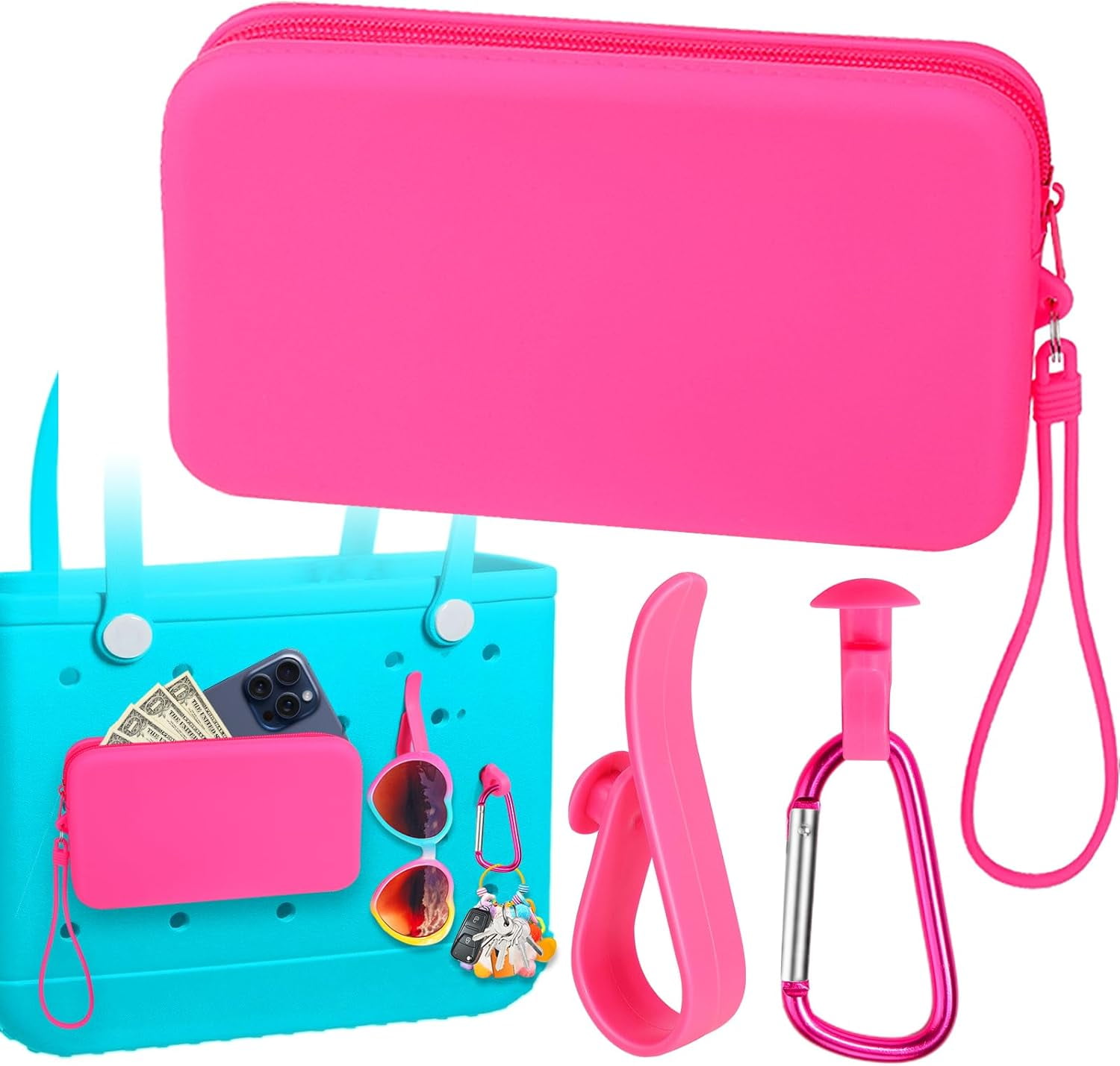 NBGQD Mity rain Silicone Wallet for Bogg Bag Phone Holder, Accessories Set for Bogg Bag Contain 2PCS Key Holder and a Large Capacity Silicone Zipper Bag for Beach Bags Tote Bag