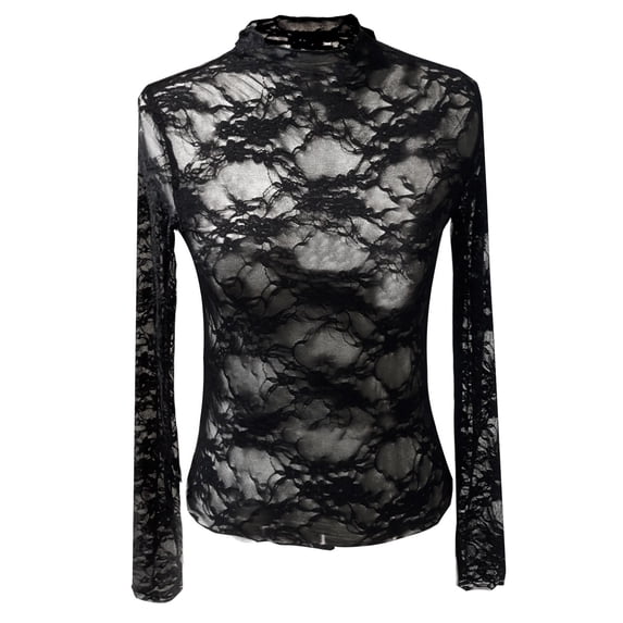 Mityle Women's Lace Mesh Long Sleeve Tops Neck Sheer See Through Causal T-Shirt Trendy Slim Fit Tees