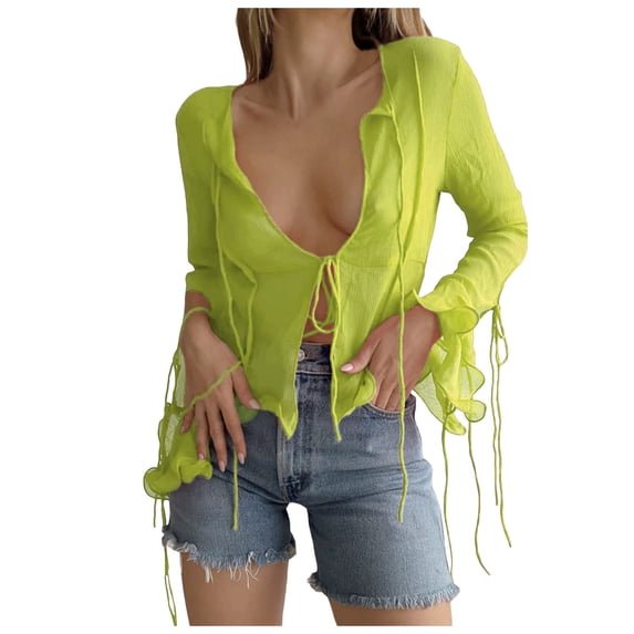 Mityle Womens Trendy V Neck Long Sleeve T shirts See Through mesh sheer Tops Elegant front lace up Dance Party dance club evening Tees