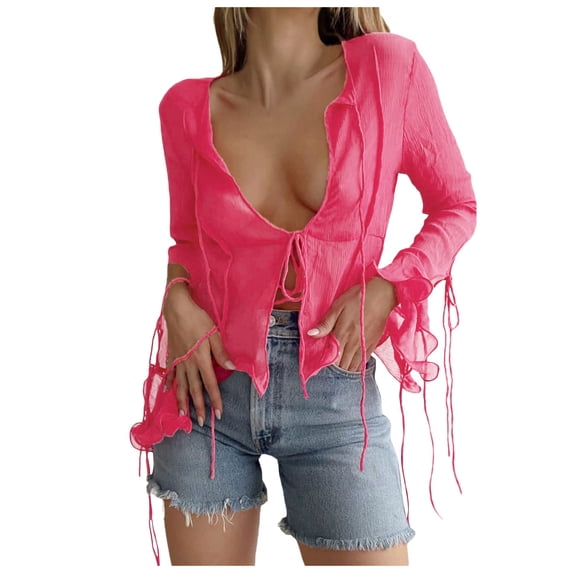 Mityle Womens Trendy V Neck Long Sleeve T shirts See Through mesh sheer Tops Elegant front lace up Dance Party dance club evening Tees