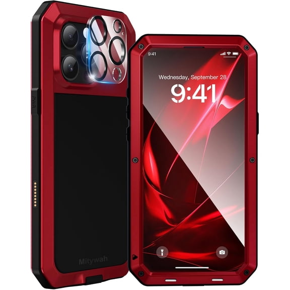 Mitywah Metal Case for iPhone 16 Pro Max, Rugged Phone Built-in 9H Screen Protector Military Grade Full Body Protection Heavy Duty Dual Layer Screw Bumper Protective Max Red | Aluminum