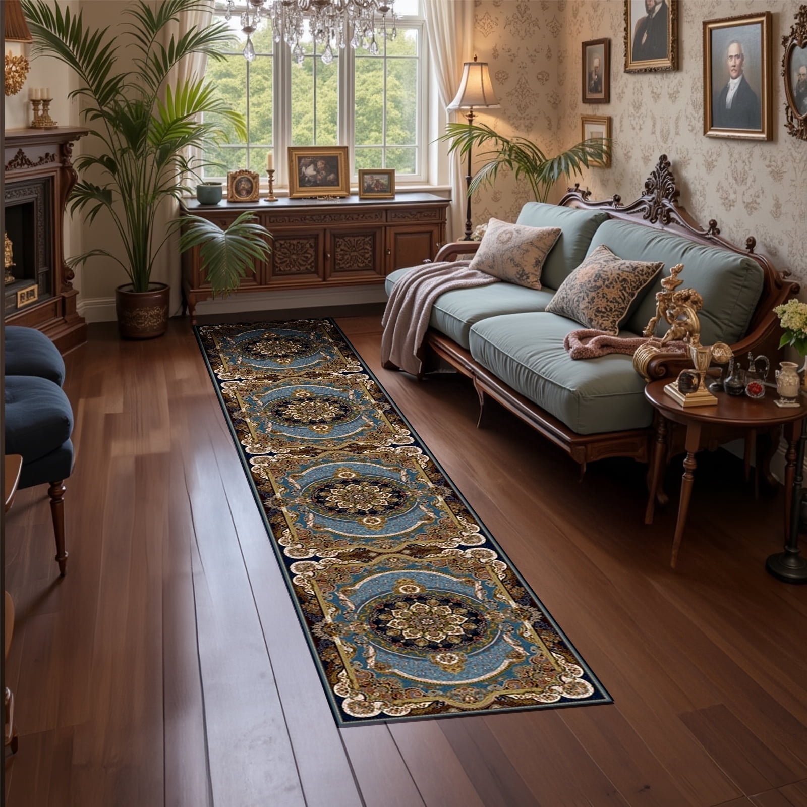 Mitzzllc Runner Rug 2'x10' Non Slip Hallway Vintage Rugs,Machine Washable Long Floor Carpet Entryway Area Rugs,Blue and Black