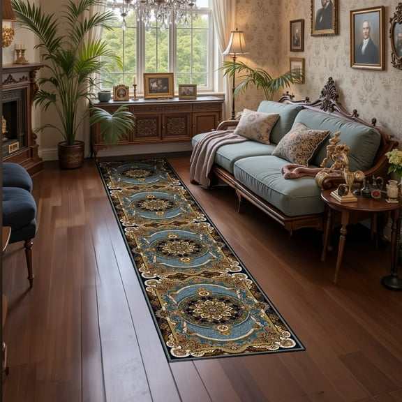 Mitzzllc Runner Rug 2'x10' Non Slip Hallway Vintage Rugs,Machine Washable Long Floor Carpet Entryway Area Rugs,Blue and Black