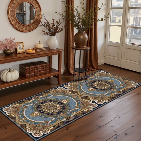 Mitzzllc Runner Rug 2'x6' Non Slip Hallway Vintage Rugs,Machine Washable Long Floor Carpet Entryway Area Rugs,Blue and Black