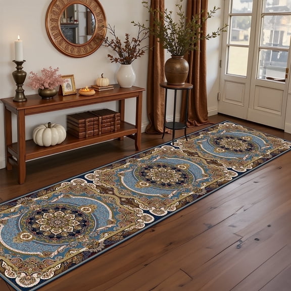 Mitzzllc 2'x8' Non Slip Hallway Vintage Rugs,Machine Washable Long Floor Carpet Entryway Area Rugs,Blue and Black