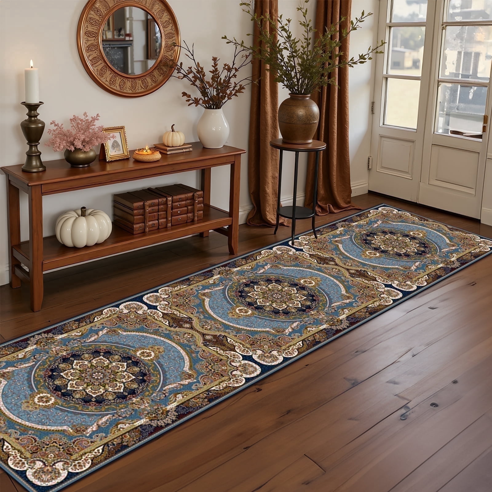 Mitzzllc 2'x8' Non Slip Vintage Runner Rugs, Machine Washable Long Floor Carpet for Entryway, Blue and Black