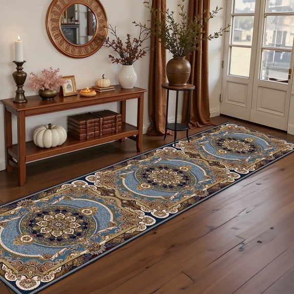 Mitzzllc 2'x8' Non Slip Vintage Runner Rugs, Machine Washable Long Floor Carpet for Entryway, Blue and Black