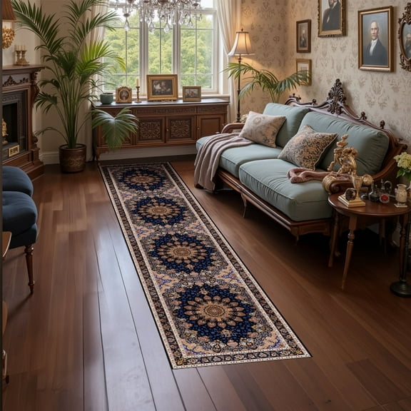 Mitzzllc Runner Rug 2'x10'Non Slip Hallway Vintage Rugs,Machine Washable Long Floor Carpet Entryway Area Rugs,Dark Blue and Beige