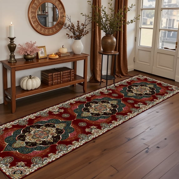Mitzzllc Vintage Washable Runner Rug,Maroon and Beige, 2FT*8FT, Non-Slip Backing