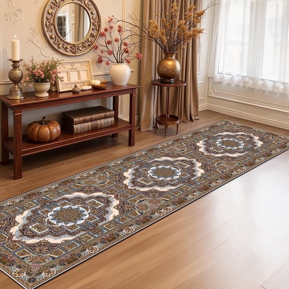 Mitzzllc Runner Rug 2'x8' Non Slip Hallway Vintage Rugs,Machine Washable Long Floor Carpet Entryway Area Rugs,White and Khaki