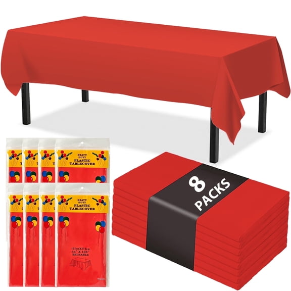 Mitzzllc Plastic Table Cloth Disposable 8 Pack,54 x 108 inch Leakproof & Sturdy Decorative Tablecloths,Rectangle Red Plastic Table Cover