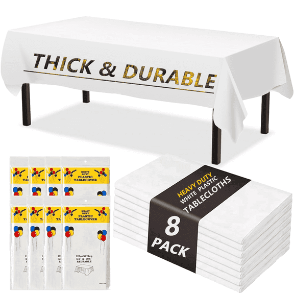 Mitzzllc Plastic Table Cloth Disposable 8 Pack,54 x 108 Inch Leakproof & Sturdy Decorative Tablecloths,Waterproof White Rectangle Table Cover