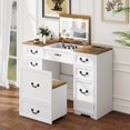 thumbnail image 1 of Miu Farmhouse 3 in 1 Vanity with Mirror, 3-Color Adjustable Lighting, Cushioned Stool for Bedroom Organization & Beauty Routines, 1 of 18