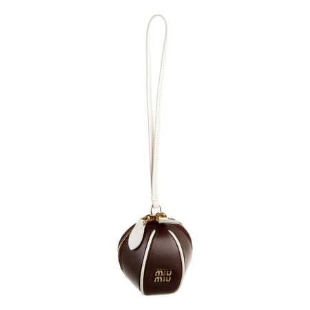 Miu Miu Baseball Leather Wristlet Pouch Brown White Gold-Tone Logo Zip Wrist Strap Made in Italy