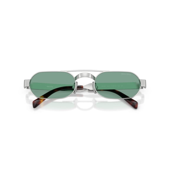 Miu Miu Women's Rectangular Green Lens Sunglasses With Silver Metal Frame Silver
