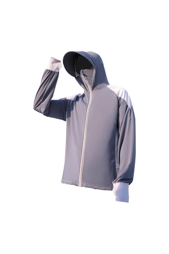 Men's Hooded Sun Protection Shirt Full Zip Cooling Shirt Jacket with Neck Face Cover Summer Hoodie for Climbing Hiking Cycling XL Deep Gray White