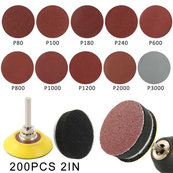 Miuline 200pcs 2 Inches Sanding Discs Pad Kit for Drill Sander, Drill Sanding Attachment Sandpapers with 1pc 1/4 Shank Backing Pad and 1pc Soft Foam Buffering Pad
